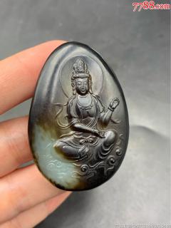 和田玉黑皮观音原石挂件,重量:44.43g